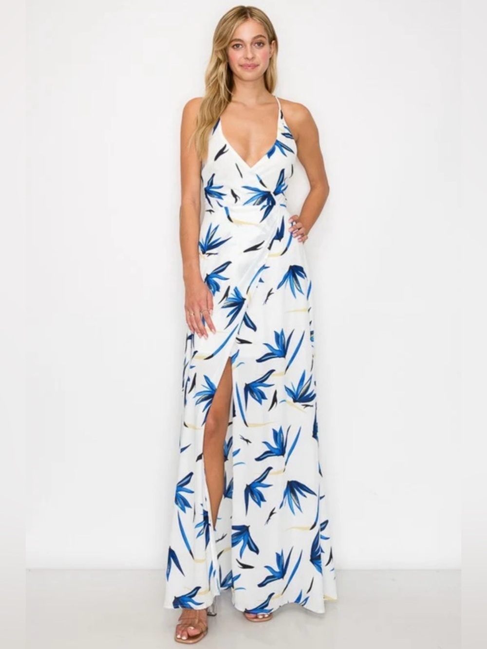 A.C.G. Los Angeles White Blue Tropical Floral Back Tie Maxi Sun Dress Sz S